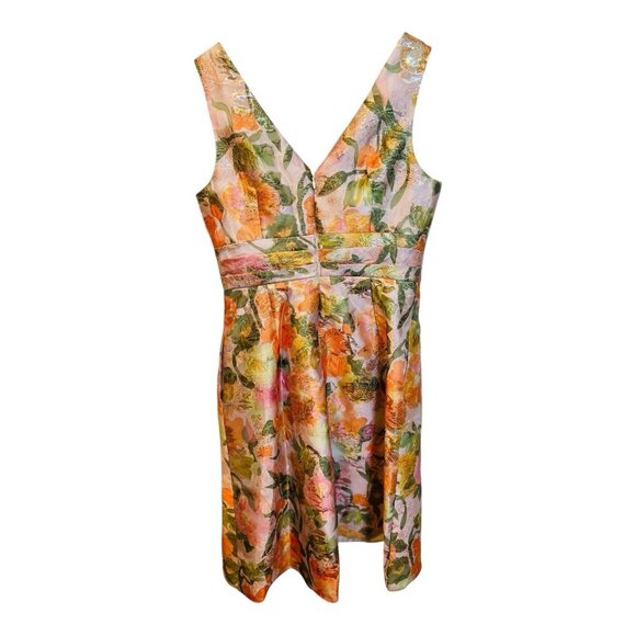 Adrianna Papell Metallic Floral Jacquard Midi Dress Sz 6 Yellow Orange Fit Flare - Picture 7 of 10
